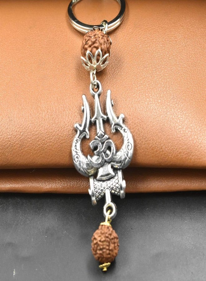 AFH Trishul Damaru Om Silver Rudraksha Charm keychain for Men and Women - Image 3